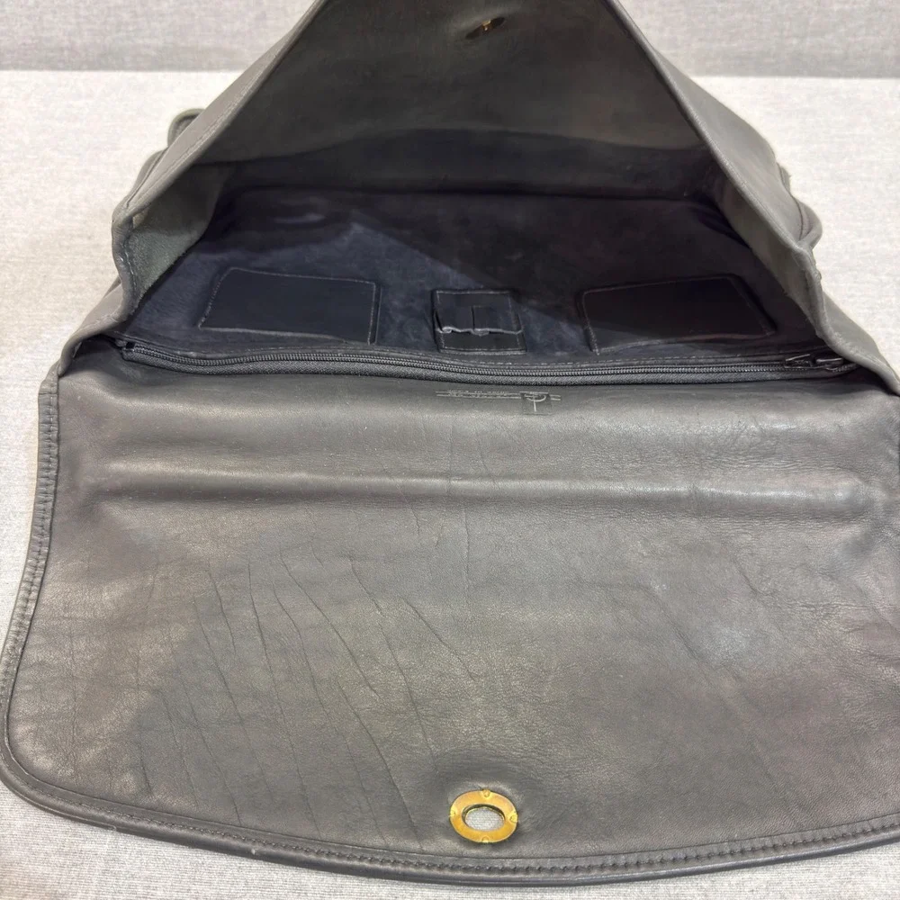 Jack Georges Black Leather Briefcase Messenger Bag Made in USA Brass Turn-lock